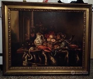 Quadro dipinto olio su tela Natura morta con pesca