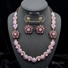 Collana Vintage Quarzo Rosa Orecchini Artigianale