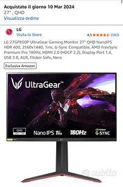 Monitor LG ultragear 180hrz pari al nuovo