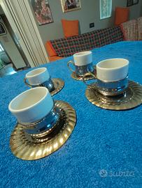  Set 4 tazzine caffè vintage con piattini dorati 