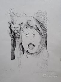 Iolanda Bison, Ragazza con gatto, litografia 5/16
