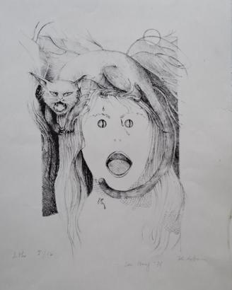 Iolanda Bison, Ragazza con gatto, litografia 5/16
