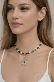 collana in smeraldi, corallo rosa e fluorite