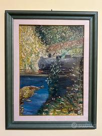 Quadro dipinto vintage paesaggio con treno a vapor
