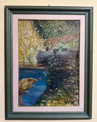 Quadro dipinto vintage paesaggio con treno a vapor