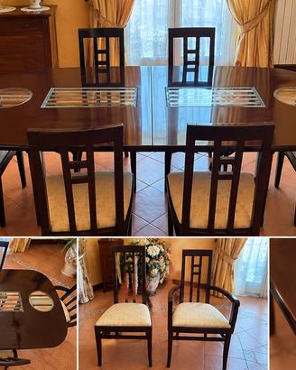 Tavolo e sedie in legno, finitura lucida scura