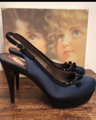 Décolleté slingback n 38 Fiorucci raso blu/nero