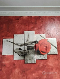 Quadro multipannello 5 pezzi con rosa rossa