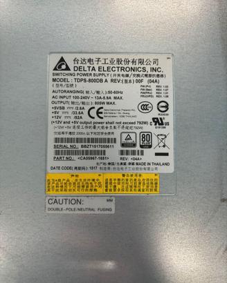 Alimentatore Server 805W Delta 80 PLUS Gold