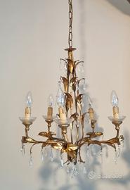 lampadario in Foglia d'Oro con gocce di cristallo