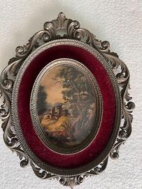 Antico Dipinto Miniatura Olio Ovale Paesaggio