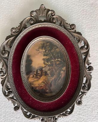Antico Dipinto Miniatura Olio Ovale Paesaggio