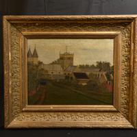 Antico quadro olio su tela - Veduta con cornice