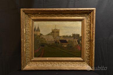 Antico quadro olio su tela - Veduta con cornice