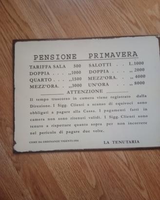 insegna metallica tariffario bordello 1956