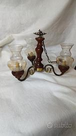 Lampadario legno,ottone e vetro anni 60