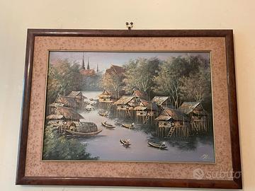 Dipinto olio su tela, paesaggio asiatico