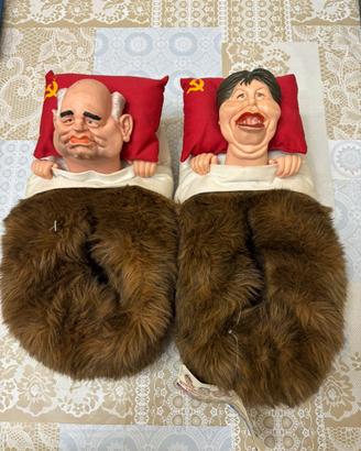 Pantofole satiriche vintage Gorbaciov e Raisa URSS