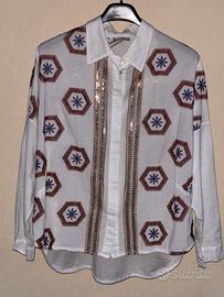 Camicia donna over tg s cotone bianco c/disegni