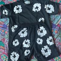 set estivo denim tears nero con fiori bianchi