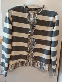 Cardigan cerniera. Grigio, panna e oro -Donna.Tg L