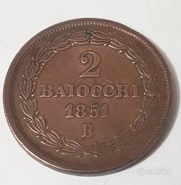 Moneta Antica 2 Baiocchi Vaticano Pio IX 1851