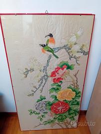 Pannello seta cinese vintage 59x110 uccelli peoni