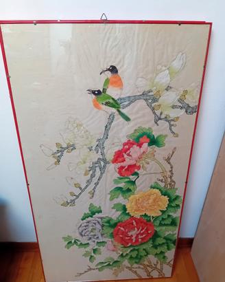 Pannello seta cinese vintage 59x110 uccelli peoni
