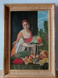 Dipinto olio su tavola, Donna venditrice di frutta
