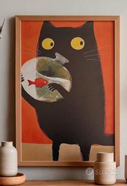 Poster su TELA Gatto simpatico ruba il pesce 30X40