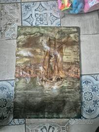 Quadro Olio su Tela Antico Barca Costiera