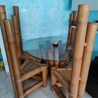 Tavolo da pranzo bambù con piano in vetro 120cm