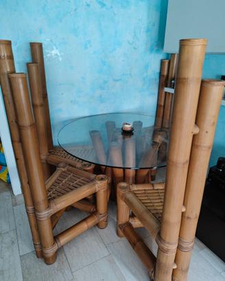 Tavolo da pranzo bambù con piano in vetro 120cm