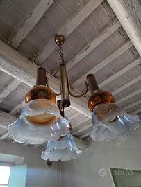 Lampadario Vintage '70 in Ottone e Vetro Ambrato