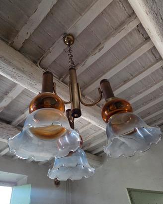 Lampadario Vintage '70 in Ottone e Vetro Ambrato