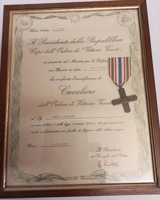 Attestato di CAVALIERE ORDINE VITTORIO VENETO