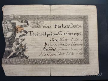 Buono Regie Fin. Torino 100 Lire 1 Ottobre 1792