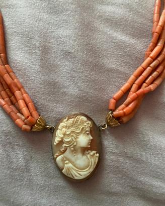 Collana anni 50 corallo e cammeo Sciacca