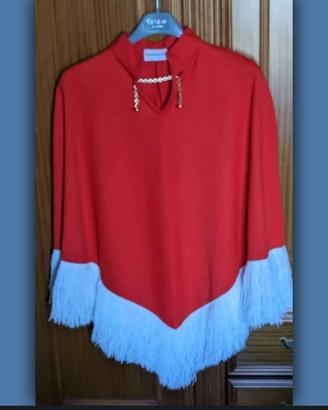 Poncho rosso con frange vintage, anni 70.