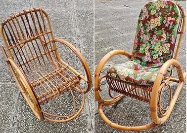 Coppia sedie a dondolo vintage in bambù e rattan