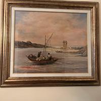 Quadro dipinto paesaggio marinaro con pescatori
