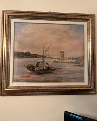 Quadro dipinto paesaggio marinaro con pescatori