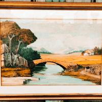 Quadro con paesaggio e Ponte dipinto a mano a olio