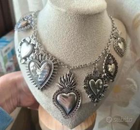 Collana Cuore Sacro Ex Voto Vintage Argentata anti