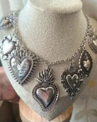 Collana Cuore Sacro Ex Voto Vintage Argentata anti