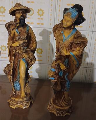 Coppia di Statue Cinesi in Resina Uomo e Donna ann