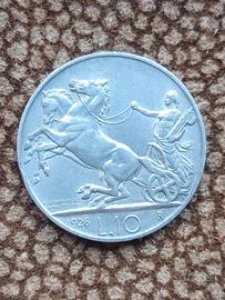 Argento Moneta 10 Lire Biga 1928 NC Regno d'Italia