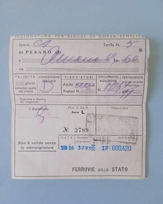 Biglietto Ferroviario Storico  1957
