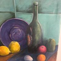 Natura morta con bottiglia e frutta