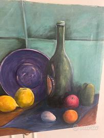Natura morta con bottiglia e frutta